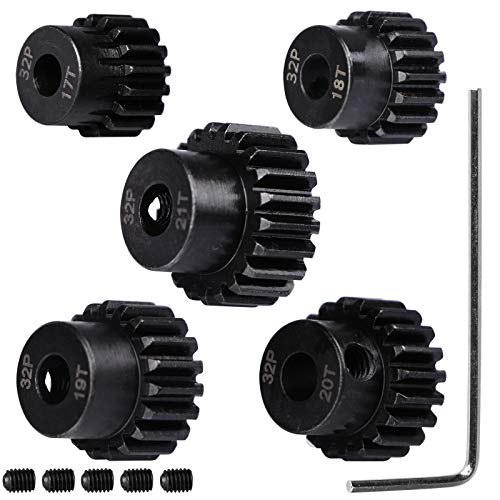32P Hardened Steel Upgrade Pinion Gear Set: 17T 18T 19T 20T 21T fit 5mm RC Motor Shaft (Work with Steel Spur Gear) for RC Cars, Set of 5 - size: 17T&18T&19T&20T&21T