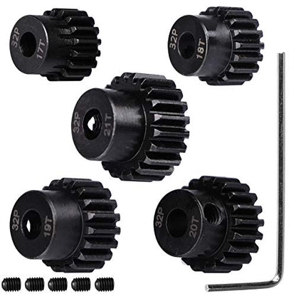 32P Hardened Steel Upgrade Pinion Gear Set: 17T 18T 19T 20T 21T fit 5mm RC Motor Shaft (Work with Steel Spur Gear) for RC Cars, Set of 5 - size: 17T&18T&19T&20T&21T