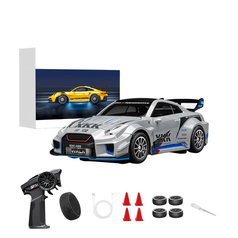 1/43 Scale RC Drift Car, 2.4G Full Proportional 4WD Remote Control Car with Gyro, Adjustable Speed & LED Lights, Alloy RC Vehicle for Adult