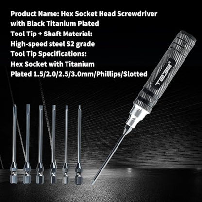 T238-Hex Screw Driver Set, Titanium Hexagon Screwdriver, for Airsoft Tool Multi-Axis FPV Racing Drone RC Quadcopter Helicopter Car Models（1.5MM/2.0MM/2.5MM/3.0MM / Slotted&Cross 3.0MM）