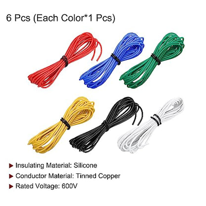 MECCANIXITY 22 Gauge Wire Silicone Wire 22AWG Electrical Wire Stranded Wire Tinned Copper Wire High Temp Hookup Wire 6 Color 3.0m/10ft for Car Model Electric Appliances 6pcs - size: 22AWG, 10ft