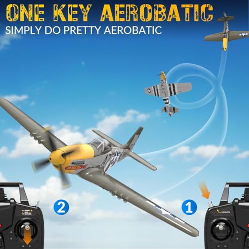 P51 Mustang RC Plane 4 Channel Brushless 500mm for Adults Outdoor | VOLANTEXR RTF RC Airplanes with X-Pilot Stabilizer, 3-Level Flight Mode to Learn, Aerobatic Flight for Fun, 2 Batteries