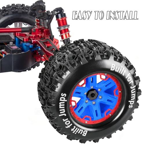 RC Wheels and Tires Set(4PCS) for 1/8 1/10 Monster Truck Tires,1/8 Traxx as/Arrm a 6S/Summi t/ERveo/Redc at/HPI JLB Cheetah RC Off-Road etc,17mm Hex Tire and Wheels/Plastic Rims,Red and Blue - color: Red and Navy Blue-(wheels Tires)