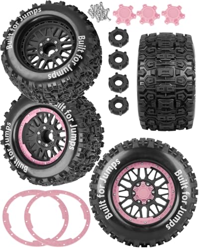 1/8 1/10 17mm Hex RC Truck Tires,Wheels and Tires for 1/10 E-Revo T-Maxx Summit,1/8 Kraton Outcast 6S,Sledge,Buggy Rubber Tyres and Rims w/Foam Insert for RC Off-Road Car,Black-Pink - color: Navy Blue&pink(4pcs)
