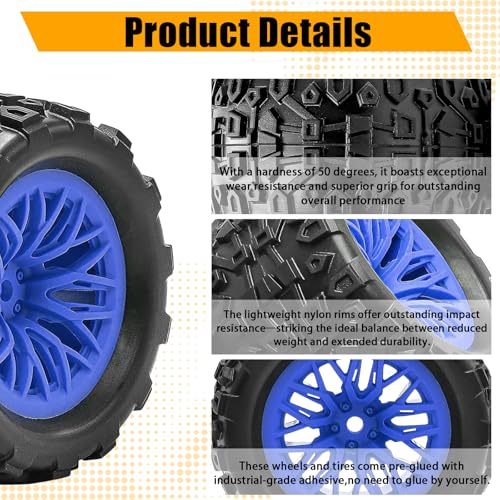 Pre-Glued 1/16 & 1/18 RC Monster Truck Rubber Tire & Nylon Wheel - 12mm Hex | Rubber Tires with Foam Fits for ARRMA 1/18 Granite/Typhon Grom, WLtoys A949, MJX Hyper Go H16 (4PCS, Blue) - color: Blue