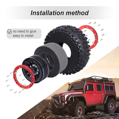 Hobbypark 1.9 Beadlock Wheel Rims Aluminum and 1.9 RC Crawler Tires 4.7 Inch Height Outer Diameter Foam Inserts for Traxxas TRX4 Axial SCX10 SCX10 II III Redcat Gen 8, Set of 4 (w/Red Rims)
