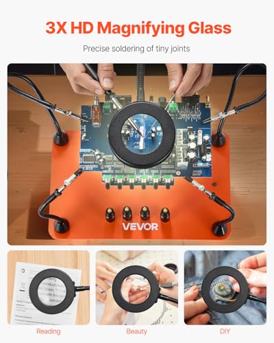 VEVOR Magnetic Helping Hands Soldering Station, 4 Flexible Arms Third Hand Soldering Tool, with 3X LED Magnifying Lamp, 4 PCB Pillar Holder & Heavy-Duty Base, Electronic Repair Craft Hobby DIY - style: 11*7in Large Base Helping Hands Kit