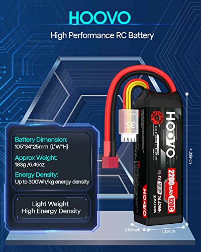 HOOVO 3S 11.1V Lipo Battery 2200mAh 120C RC Battery with T Connector for RC Truggy RC Truck RC Airplane Helicopter Drone (2 Pack)