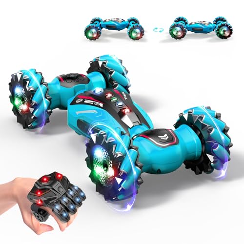 Gesture Sensing RC Stunt Car with Light Music and Mist Spray for Kids 6+, 4WD Off-Road Drift Remote Control Car, 2.4GHz Glove Remote, Rechargeable Toy Vehicle for Boys and Girls Birthday Gift - color: Blue