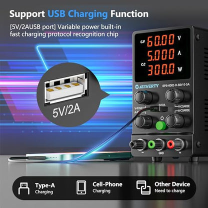 DC Power Supply Variable, 0-60V 0-5A Adjustable Switching DC Regulated Bench Power Supply with High Precision 4-Digit LED Display, 5V/2A USB Port, Coarse and Fine Adjustment SPS-6005 - color: SPS(Red LED), size: 60V 5A