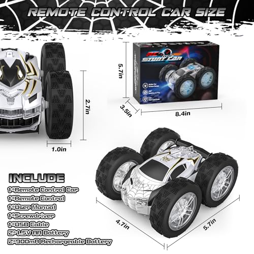 Double Sided Remote Control Car for Kids Boys 4-7, Spider RC Flip Stunt Car with Changeable Lights, Easter Birthday Gift for 3 4 5 6 7 8 9 Year Old Girl Cool Stuff Race Car Carros Para Niños 3+ Años - color: Silver