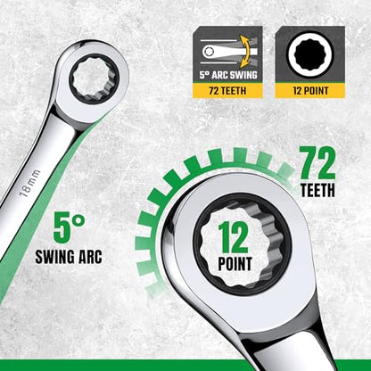 SK Ratchet Wrenches Set, SAE 1/4" to 3/4", Metric 6-18mm, 20-Piece | Ratcheting Wrench Set, Combination Wrench Set, 72-Tooth, Premium CR-V Steel, Chrome Plating Surface, Roll-Up Pouch - size: 20-Piece, SAE 1/4" to 3/4", Metric 6 to 18mm