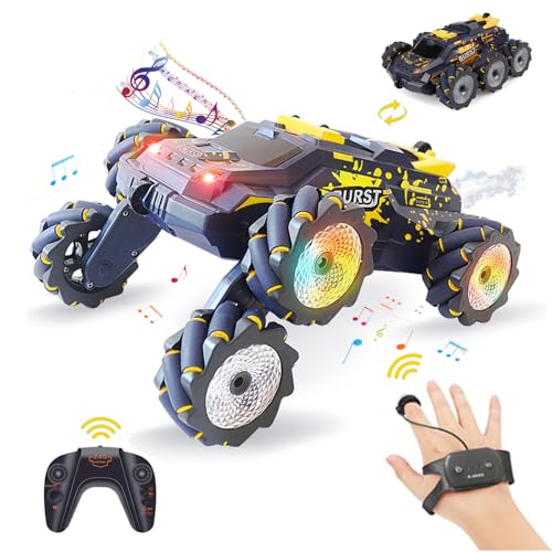 6WD Remote Control Car, 2.4GHz Gesture Sensing RC Stunt Car with Spray, Lights & Music, 360° Rotation RC Cars Chirstams Gifts (Yellow) - color: Yellow