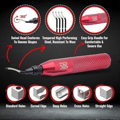 AFA Tooling Deburring Tool Set & 2 Countersink Hand Reamers, Red CNC Handle | 11 HSS blades with 360-degree rotation & 2 Countersink Hand Reamers make chamfers for 3D printing, metal, PVC, copper - style: 2 Reamers & Deburring Tool