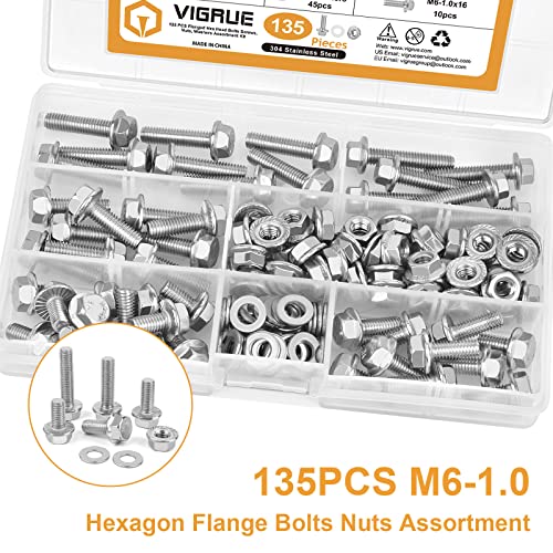 M6-1.0 x 12/16/20/25/30mm Flanged Hex Head Bolts, VIGURE 135PCS M6 Flange Hexagon Screws Serrated Flange Nuts Washers, Stainless Steel 18-8 (304), DIN 6921 - size: M6-1.0