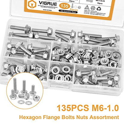 M6-1.0 x 12/16/20/25/30mm Flanged Hex Head Bolts, VIGURE 135PCS M6 Flange Hexagon Screws Serrated Flange Nuts Washers, Stainless Steel 18-8 (304), DIN 6921 - size: M6-1.0