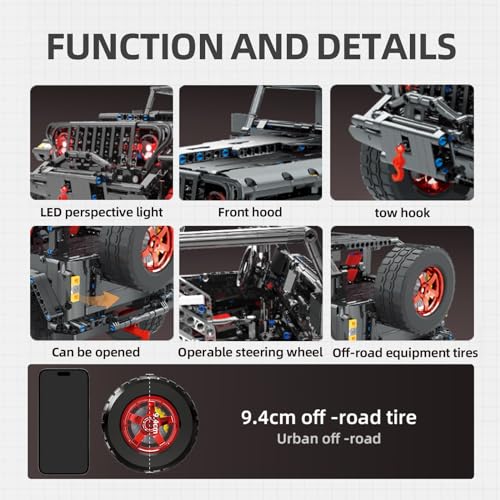 RC Off-Road SUV Wrangler Black Warrior Building Kits, 1/8 Scale Truck Car | with Remote Control Lights, Challenge Building Blocks Vehicle Gift for Technical Enthusiasts Adults & Teens Age 14+ (2272PCS)