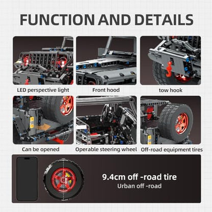 RC Off-Road SUV Wrangler Black Warrior Building Kits, 1/8 Scale Truck Car | with Remote Control Lights, Challenge Building Blocks Vehicle Gift for Technical Enthusiasts Adults & Teens Age 14+ (2272PCS)