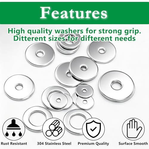 455PCS 304 Stainless Steel Fender Washer Assortment Kit, Washers for Bolts, 15 Metric Sizes Fender Washers for Screws -M3, M4, M5, M6, M8, M10, M12 for Home & Industrial Usage - size: M3-M12 (455PCS), style: Fender Washer