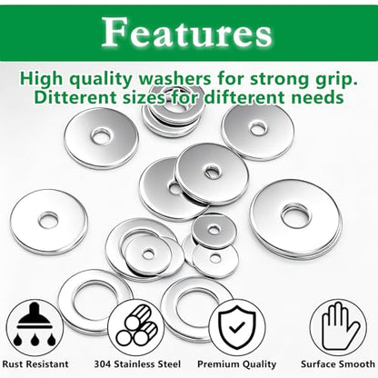 100PCS 304 Stainless Steel Fender Washer Assortment Kit, Washers for Bolts, 15 Metric Sizes Fender Washers for Screws -M3, M4, M5, M6, M8, M10, M12 for Home & Industrial Usage - size: M3-M12 (100PCS), style: Fender Washer