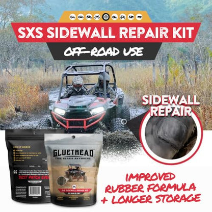 GlueTread SXS Sidewall Tire Repair Kit, Off Road UTV ATV Tire Patch Kit | Mends Side Wall Punctures and Gashes with Rubber & Glue, No Need to Remove Wheel, Fixes Up To 4-6 Tubeless Flats, Emergency