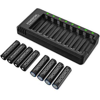 POWEROWL Rechargeable AA Batteries with Charger, 8 Pack of 2800mAh High Capacity Low Self Discharge Ni-MH Double A Batteries with Smart 8 Bay Battery Charger (USB Fast Charging, Independent Slot)