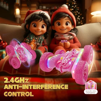 Remote Control Car for Girls, Pink RC Cars Stunt RC Car Girl Toys for Girls Double-Sided 360° Rotating with Headlights 4WD Kid Toys for Birthday Gifts (Pink) - color: Pink