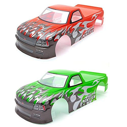2pcs for 1/10 RC Car Venom T-10 PVC Painted Body Shell Pick Up Truck Width 205mm Wheelbase 255mm - Green & Red
