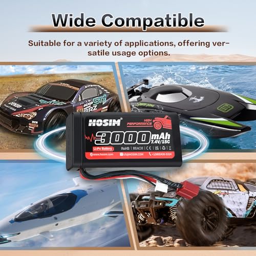 Hosim 2PCS 7.4V 15C 3000mAh Lipo Battery RC Lipo Batteries with 2 USB Chargers & 1 Battery Strap for Brushless RC Car Remote Control Car Truck RC Boat Battery