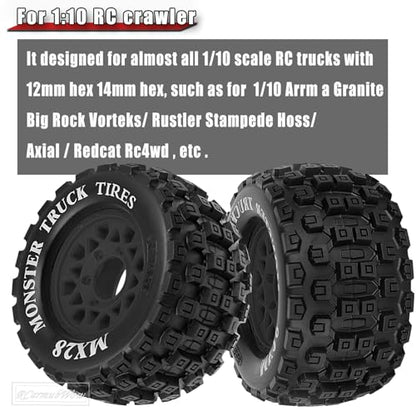 RC Wheels and Tires for 1/10 RC Scale Car,Rustler Stampede Hoss,Arrm a Granite Vorteks Big Rock 3S,MX28 2.8" Truck Tires and Wheels w/ 12mm/14mm Hex,4pcs,Black - color: Black(4pcs)