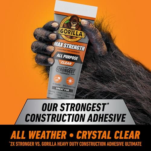 Gorilla Max Strength Construction Adhesive, Clear, 7 oz Tube, 1-Pack | Waterproof Gap-Filling Formula, Bonds Wood, Metal, Tile, Stone, Glass, Mirror, Indoor & Outdoor Use, Paintable & Sandable - size: 7oz, style: 1 Pack