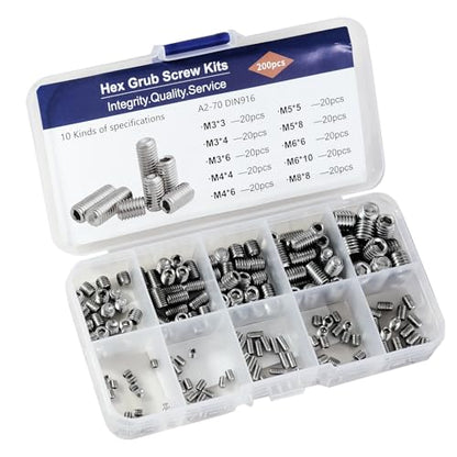 304 Stainless Steel Socket Set Screws Assortment Kit(200Pcs), M3 M4 M5 M6 M8 Hex Allen Head Grub Screws, Metric