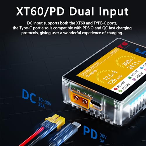 MEIVIFPV HOTA T6 RC Lipo Battery Charger for 1S 2S 3S 4S 5S 6S,300W 15A Smart Charger with XT60/PD Dual Input,Support PD3.0 & QC Charging for RC Car FPV Drone Batteries