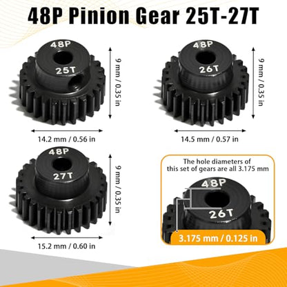 3PCS 48P Pinion Gear Set Hardened Steel 3.175mm Shaft 25T 26T 27T with Screws & Hex for 1/10 RC Arrma Traxxas HPI Kyosho Losi Axial SCX10 Tamiya Monster Truck Buggy Motor Upgrade Parts - size: 25 26 27T
