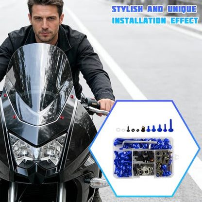 195PCS M5 M6 Motorcycle Fairing Bolt Kits, Stainless Steel Windshield Fairing Screws Fastener, Motorbike Windscreen Bolts Nut Clips Kit, Universal for Dirt Bike Scooters Motocross (Blue) - color: Blue