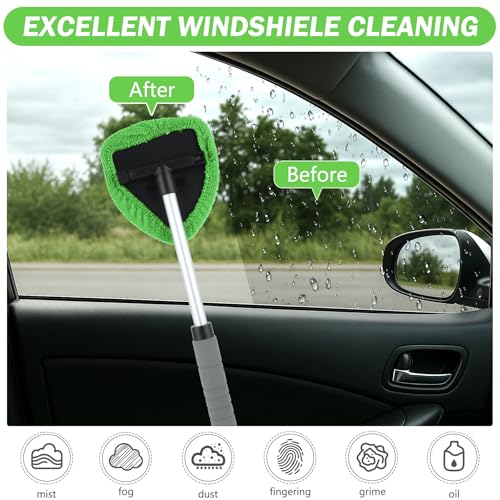 8 Pcs Car Window Cleaner Kit Triangle Shape Include Windshield Cleaning Tool with Extendable Handle 5 Microfiber Bonnets 1 Car Ventilation Brush 1 Empty 50ml Spray Bottle Glass Wiper Kits, Green - color: Green