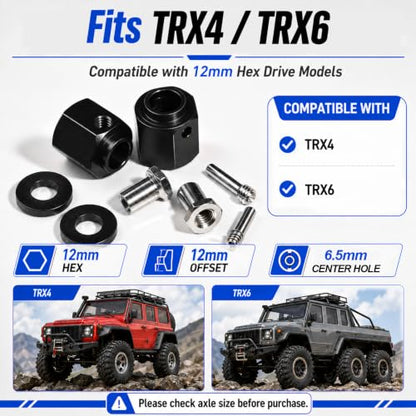 4PCS 12mm Hex Hub 12mm Offset Wheel Hex Extension for Traxxas TRX4 TRX6 | CNC Metal Wheel Spacer for RC Crawlers Helps Increase Track Width and Side-Hill Stability Reduce Vibration Add Tire Clearance - color: black