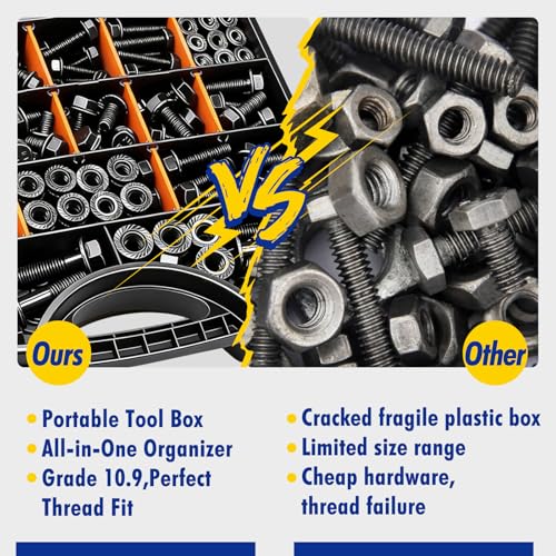 454 pcs Metric Flange Bolt Assortment Kit- Grade 10.9 M12 M10 M8 M6 Nuts and Bolts Assortment Kit, Black zinc Plating Hex Bolts and Nuts Washers,Metric Bolt Assortment for Automotive