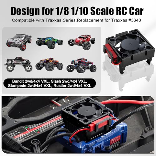 VXL-3s ESC Heat Sink Cooling Fan 28000RPM ESC Fan Heatsink for 1/8 1/10 RC Car Truck, Compatible with Traxxas Bandit/Slash/Stampede/Rustler 2WD/4X4 VXL-3s, Replace for #3340 Velineon(Black) - style: Black