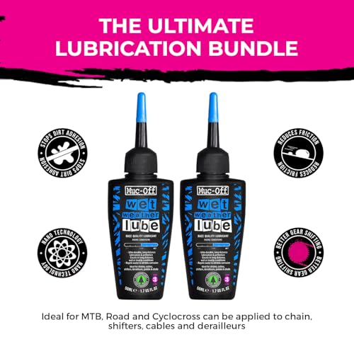 Muc-Off Chain Wet Lube 50ml 2-Pack | Biodegradable Bicycle Chain Lubricant Wet | Reduces Friction & Extends Chain Life | Wax-Based Formula Repels Water | Suitable for MTB & Road Bikes - size: 50mL (Pack of 02)