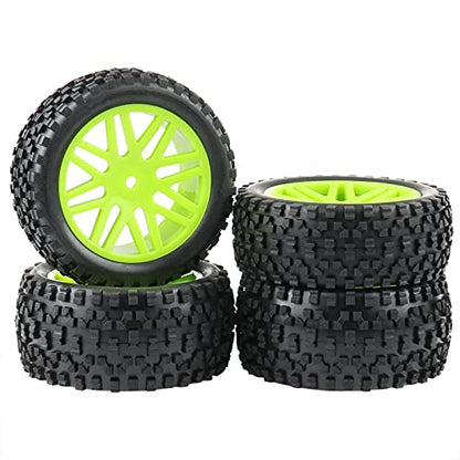 RC Tires Wheels Set, Green, 1/10 Scale, 12mm Hex | Compatible with Traxxas Rustler Stampede Slash Bandit, Front & Rear, Off-Road Tires for RC Car - color: Green