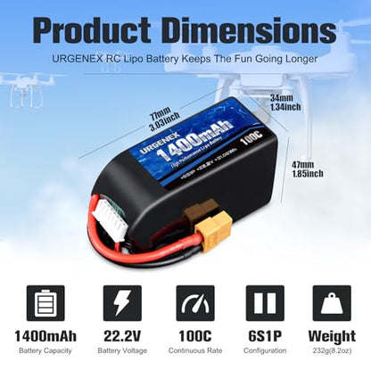 6S Lipo Battery 1400mAh 22.2V 100C with XT60 Plug Fit for FPV Drone Quadcopter Helicopter Airplane Rechargeable Racing Battery - style: 1PACK