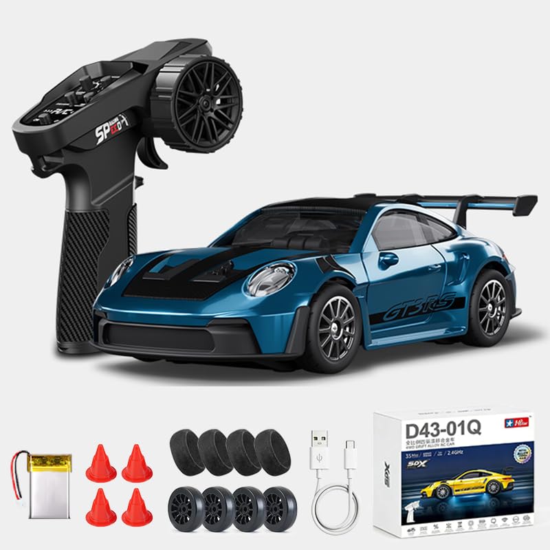 1:43 RC Drift Car D43-01 - 2.4G Full Proportional 4WD Alloy 20KM/H High Speed RC Racing Car with Gyro, Silent Bearings, Adjustable Speed & Lighting(Q4/Dark Blue/D43-01) - color: Q4/Dark Blue, size: D43-01
