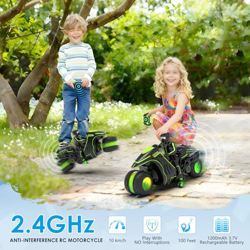 Remote Control Motorcycle, 2026 New Edition with RGB Color-Changing Wheels and Exclusive Sideways Glide, Ready-to-Play with 2 Batteries, 2.4GHz RC Stunt Bike Gift for Kids Boys Girls 5-12 - color: Green