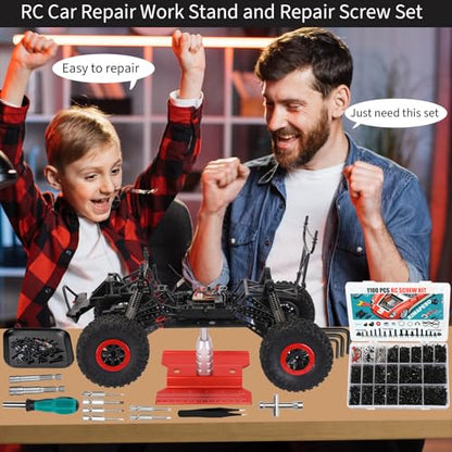 RC Car Repair Work Stand, 1100pcs RC Screw Kit and Vehicle Scale Accessories for Traxxas Axial Redcat Arrma HPI HSP SCX10 RC4WD 1/8 1/10 1/12 1/16 Scale RC Crawler Truck Buggy Car - color: Red