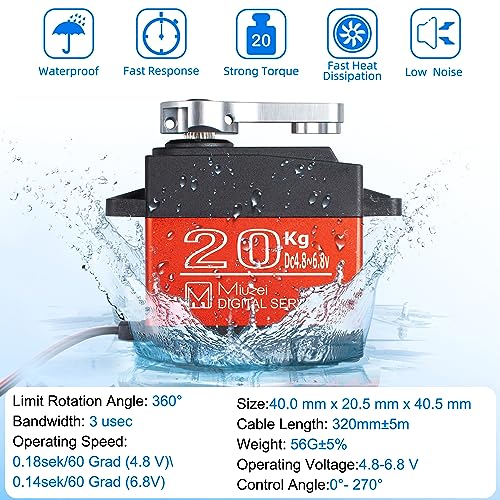 20KG Servo Motor High Torque Metal Gear Digital for 1/8 1/10 RC Car | Waterproof, Ds3218, 270 Degree, Standard, Steering Servos for RC Truck Crawler Boat Robot, with Aluminum 25T Horn