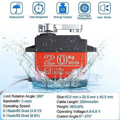 20KG Servo Motor High Torque Metal Gear Digital for 1/8 1/10 RC Car | Waterproof, Ds3218, 270 Degree, Standard, Steering Servos for RC Truck Crawler Boat Robot, with Aluminum 25T Horn