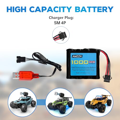 7.4V 1000mAh 2S Li-ion Battery with SM-4P Plug and USB Charging Cable for DE36W DE65 NO.1809 RC Toy Car, Off-Road Vehicle Climbing Drift Racing Battery