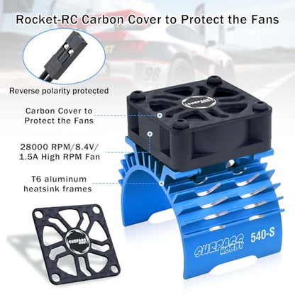 Surpass Hobby RC Cooling Fan,28000RPM Alluminum Motor Fan with Heatsink for RC Car 1/8 1/10 Scale 540 550 3650 3660 3670 Motor (Black Blue) - style: Blue-single Fan for 36mm Motor
