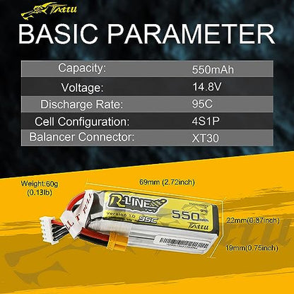 TATTU R-Line 550mAh 4S Lipo Battery Pack 14.8V 95C with XT30 Plug for FPV Racing Quadcopter from Size 100 to 180